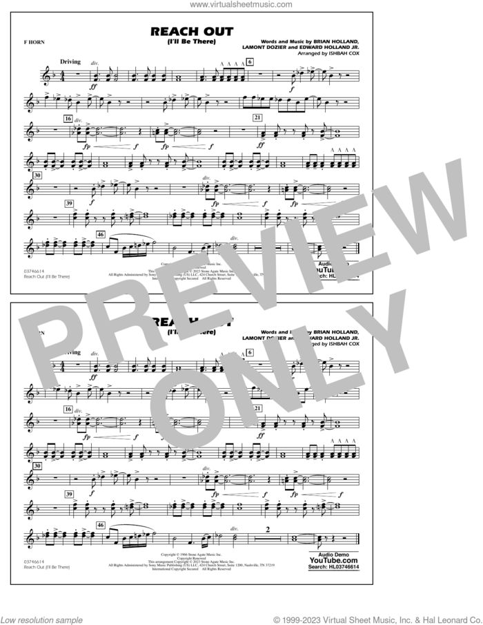 Reach Out (I'll Be There) (arr. Cox) sheet music for marching band (f horn) by Four Tops, Ishbah Cox, Brian Holland, Edward Holland Jr. and Lamont Dozier, intermediate skill level