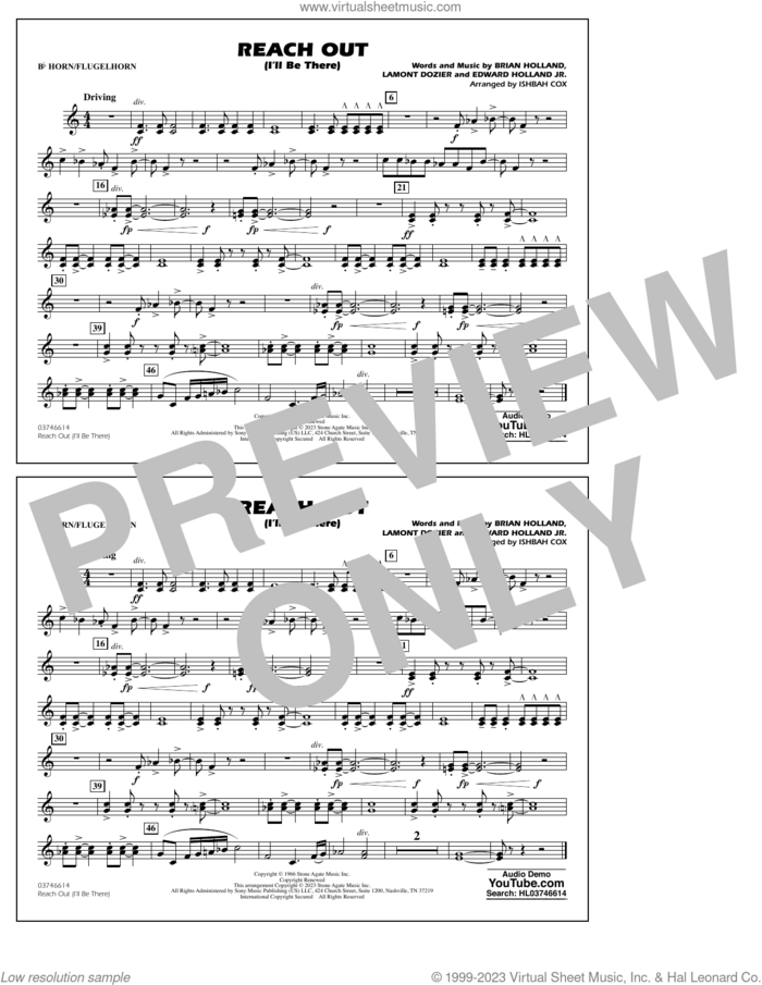 Reach Out (I'll Be There) (arr. Cox) sheet music for marching band (Bb horn/flugelhorn) by Four Tops, Ishbah Cox, Brian Holland, Edward Holland Jr. and Lamont Dozier, intermediate skill level