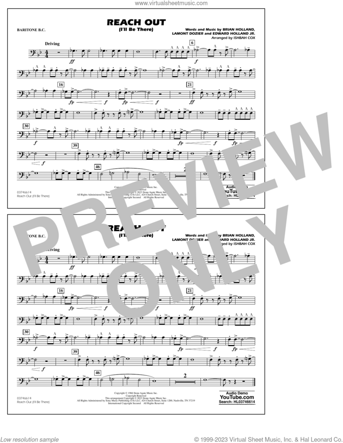 Reach Out (I'll Be There) (arr. Cox) sheet music for marching band (baritone b.c.) by Four Tops, Ishbah Cox, Brian Holland, Edward Holland Jr. and Lamont Dozier, intermediate skill level