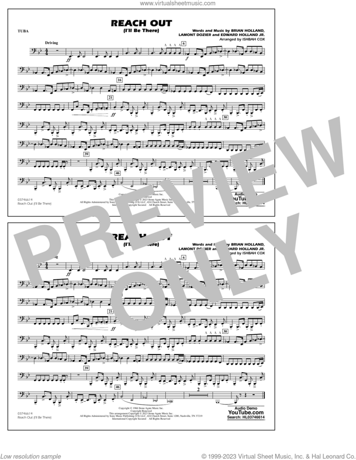 Reach Out (I'll Be There) (arr. Cox) sheet music for marching band (tuba) by Four Tops, Ishbah Cox, Brian Holland, Edward Holland Jr. and Lamont Dozier, intermediate skill level