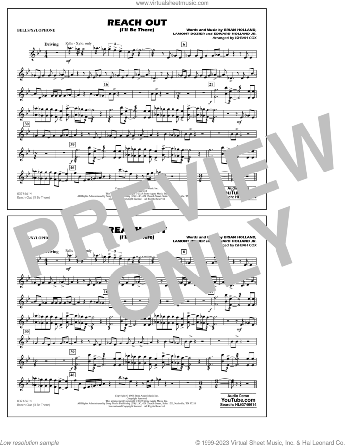 Reach Out (I'll Be There) (arr. Cox) sheet music for marching band (bells/xylophone) by Four Tops, Ishbah Cox, Brian Holland, Edward Holland Jr. and Lamont Dozier, intermediate skill level