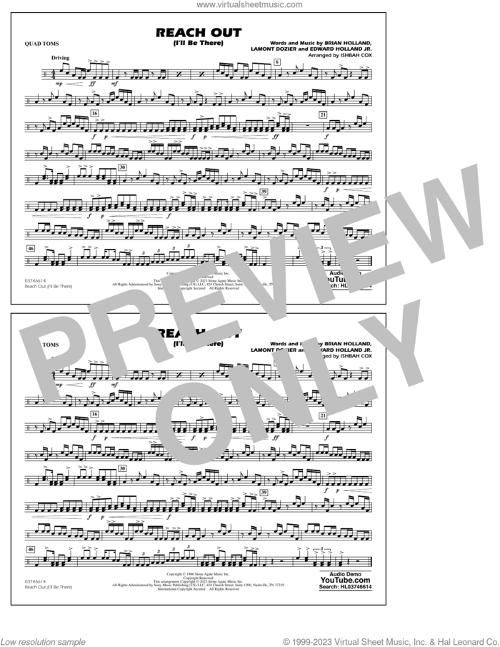 Reach Out (I'll Be There) (arr. Cox) sheet music for marching band (quad toms) by Four Tops, Ishbah Cox, Brian Holland, Edward Holland Jr. and Lamont Dozier, intermediate skill level