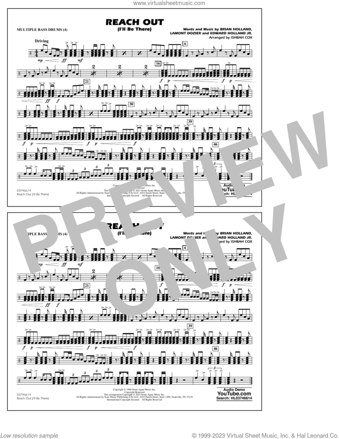 Reach Out (I'll Be There) (arr. Cox) sheet music for marching band (multiple bass drums) by Four Tops, Ishbah Cox, Brian Holland, Edward Holland Jr. and Lamont Dozier, intermediate skill level