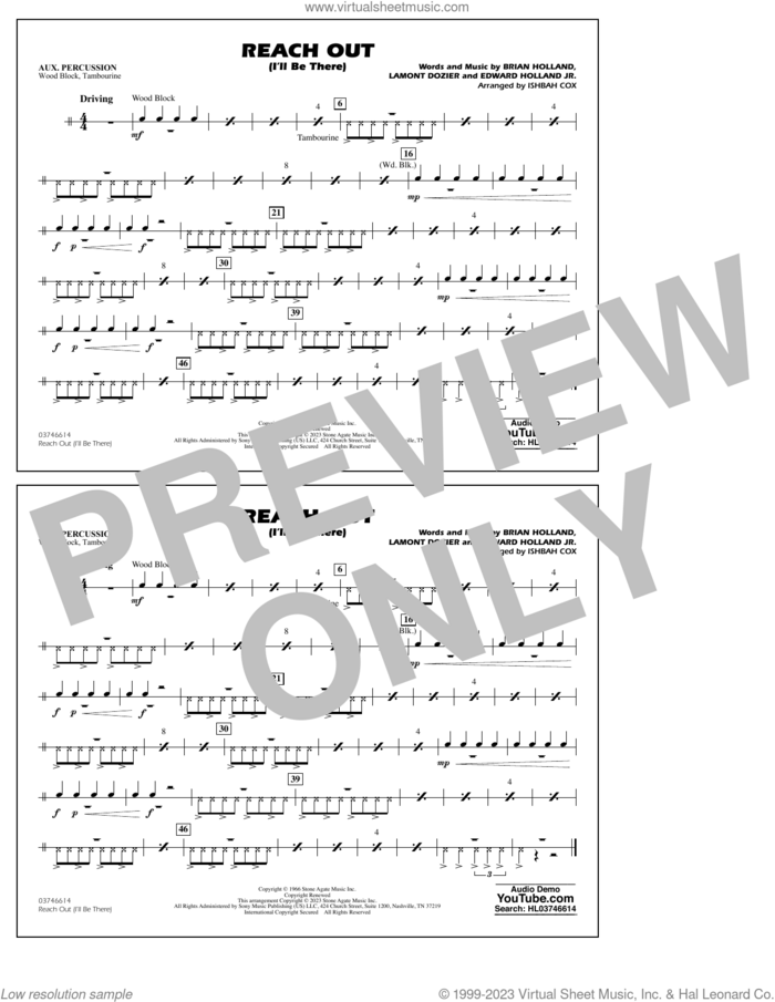 Reach Out (I'll Be There) (arr. Cox) sheet music for marching band (aux percussion) by Four Tops, Ishbah Cox, Brian Holland, Edward Holland Jr. and Lamont Dozier, intermediate skill level