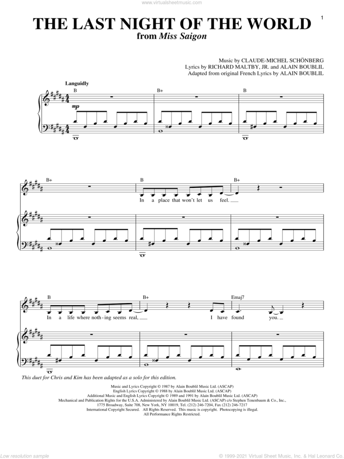 The Last Night Of The World (from Miss Saigon) sheet music for voice and piano by Claude-Michel Schonberg, Miss Saigon (Musical), Alain Boublil, Michel LeGrand and Richard Maltby, Jr., intermediate skill level