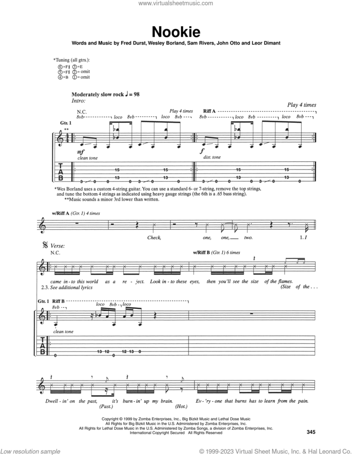 Nookie sheet music for guitar (tablature) by Limp Bizkit, Fred Durst, John Otto, Leor Dimant, Sam Rivers and Wes Borland, intermediate skill level