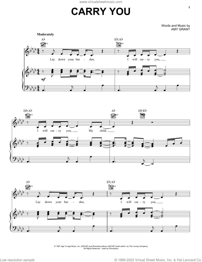 Carry You sheet music for voice, piano or guitar by Amy Grant, intermediate skill level