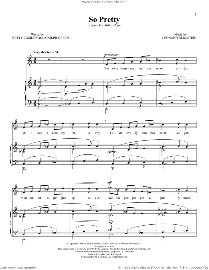 So Pretty sheet music for voice and piano by Barbra Streisand, Richard Walters, Adolph Green, Betty Comden and Leonard Bernstein, classical score, intermediate skill level