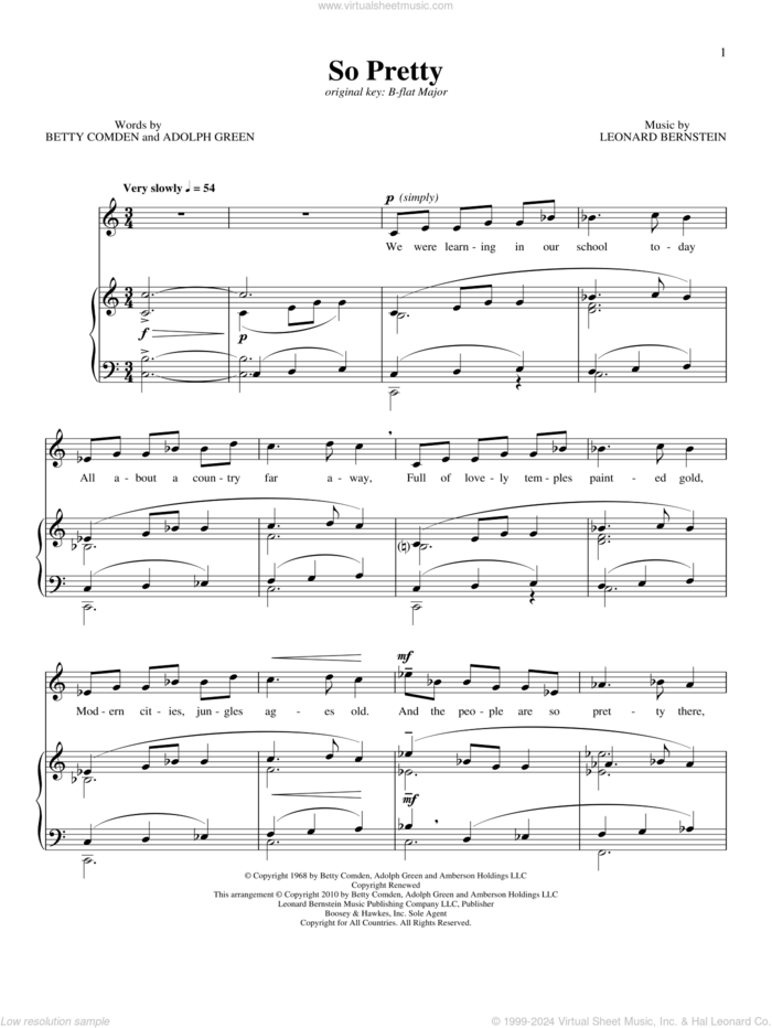 So Pretty sheet music for voice and piano by Barbra Streisand, Richard Walters, Adolph Green, Betty Comden and Leonard Bernstein, classical score, intermediate skill level