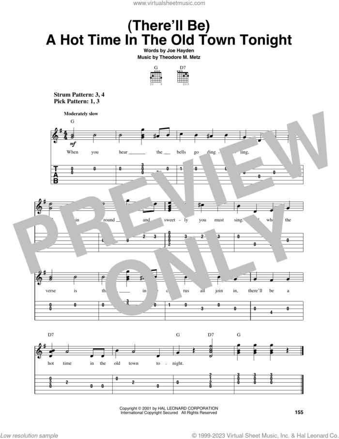 (There'll Be) A Hot Time In The Old Town Tonight sheet music for guitar solo (easy tablature) by Theodore M. Metz and Joe Hayden, classical score, easy guitar (easy tablature)
