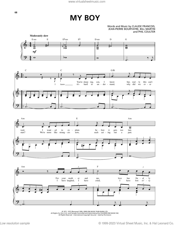My Boy sheet music for voice and piano by Celtic Thunder, Bill Martin, Claude Francois, Jean-Pierre Bourtayre and Phil Coulter, intermediate skill level