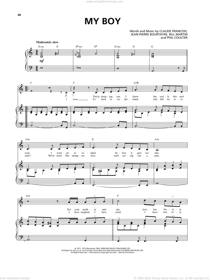 My Boy sheet music for voice and piano by Celtic Thunder, Bill Martin, Claude Francois, Jean-Pierre Bourtayre and Phil Coulter, intermediate skill level