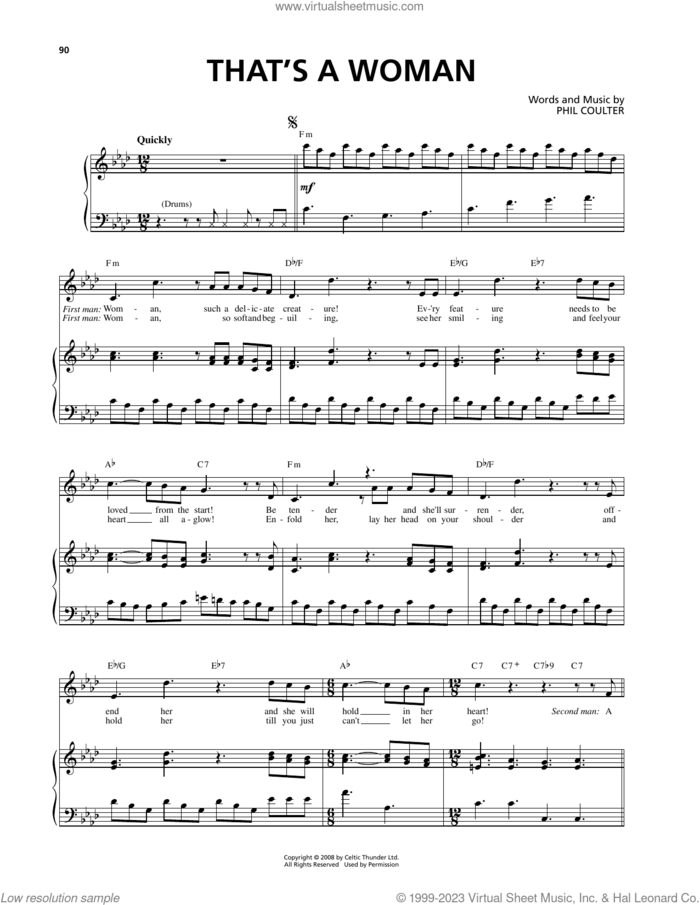 That's A Woman sheet music for voice and piano by Celtic Thunder and Phil Coulter, intermediate skill level