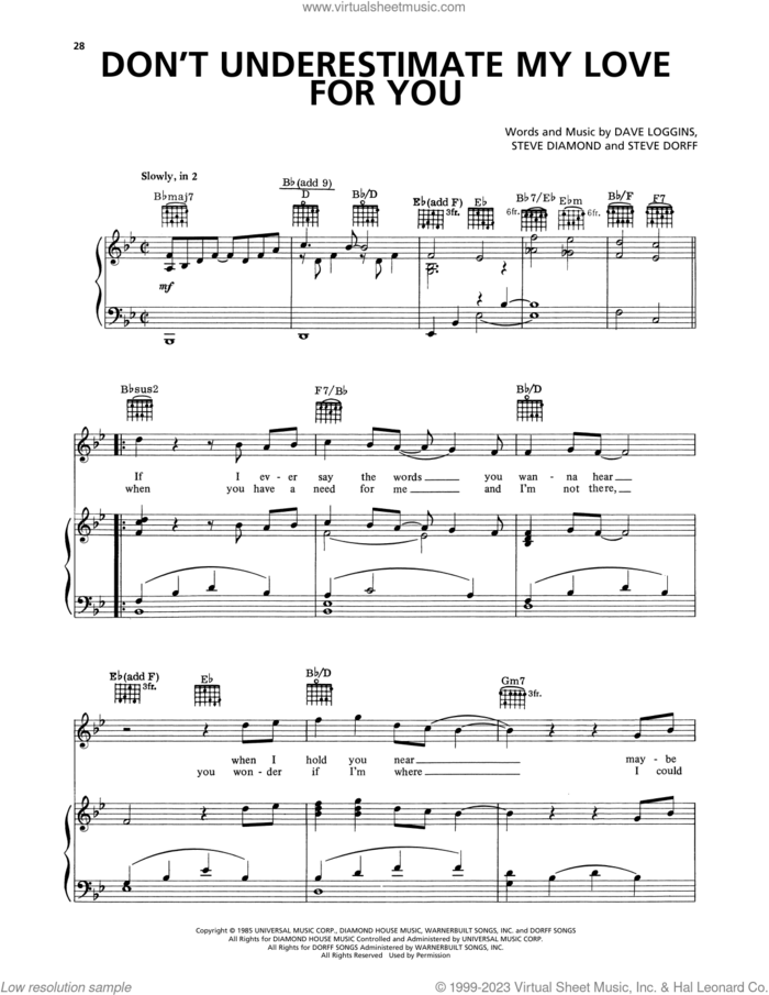 Don't Underestimate My Love For You sheet music for voice, piano or guitar by Lee Greenwood, Dave Loggins, Steve Diamond and Steve Dorff, intermediate skill level
