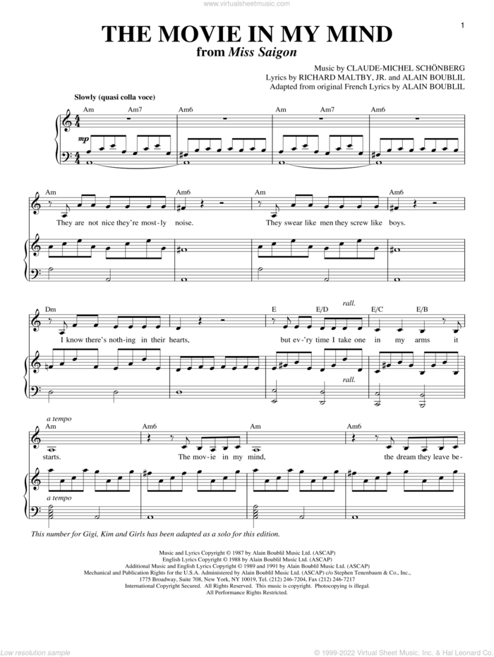 The Movie In My Mind (from Miss Saigon) sheet music for voice and piano by Claude-Michel Schonberg, Miss Saigon (Musical), Alain Boublil, Boublil and Schonberg, Michel LeGrand and Richard Maltby, Jr., intermediate skill level