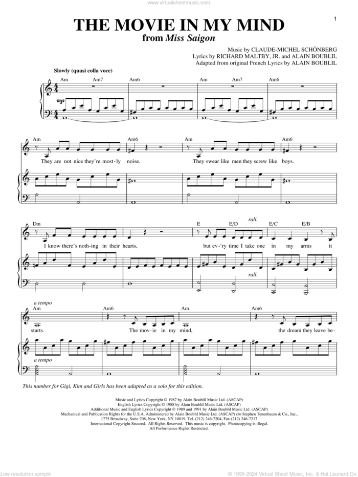 The Movie In My Mind (from Miss Saigon) sheet music for voice and piano by Claude-Michel Schonberg, Miss Saigon (Musical), Alain Boublil, Boublil and Schonberg, Michel LeGrand and Richard Maltby, Jr., intermediate skill level