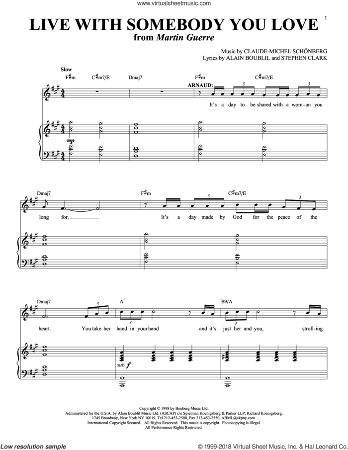 Live With Somebody You Love (from Martin Guerre) sheet music for voice and piano by Claude-Michel Schonberg, Martin Guerre (Musical), Alain Boublil, Boublil and Schonberg, Michel LeGrand and Steve Clark, intermediate skill level