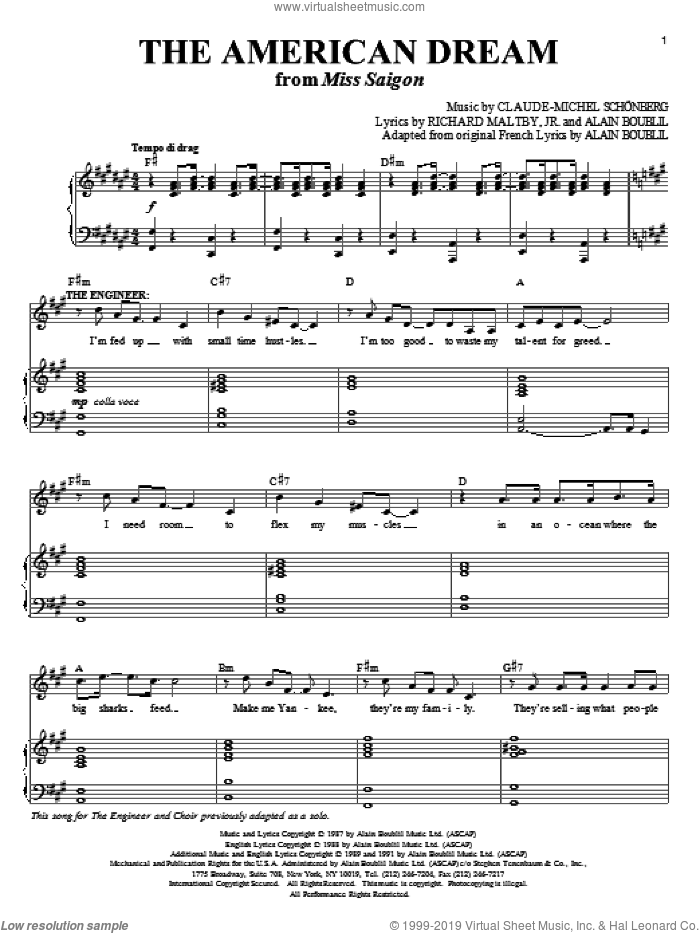 The American Dream sheet music for voice and piano by Claude-Michel Schonberg, Miss Saigon (Musical), Alain Boublil, Michel LeGrand and Richard Maltby, Jr., intermediate skill level