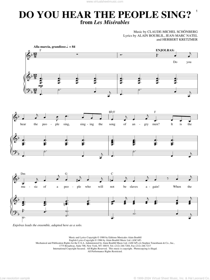 Do You Hear The People Sing? sheet music for voice and piano by Boublil and Schonberg, Les Miserables (Musical), Alain Boublil, Claude-Michel Schonberg, Herbert Kretzmer, Jean-Marc Natel and Michel LeGrand, intermediate skill level