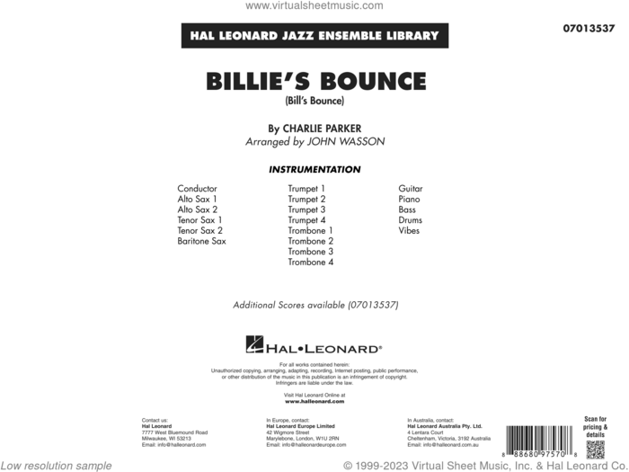 Billie's Bounce (arr. John Wasson) (COMPLETE) sheet music for jazz band by Charlie Parker and John Wasson, intermediate skill level
