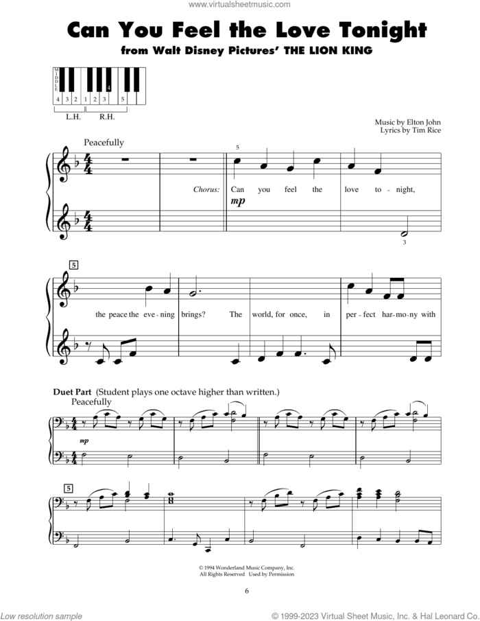 Can You Feel The Love Tonight sheet music for piano solo (5-fingers) by Elton John and Tim Rice, beginner piano (5-fingers)