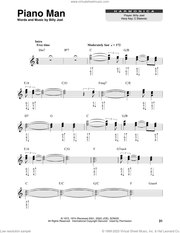 Piano Man sheet music for harmonica solo by Billy Joel, intermediate skill level