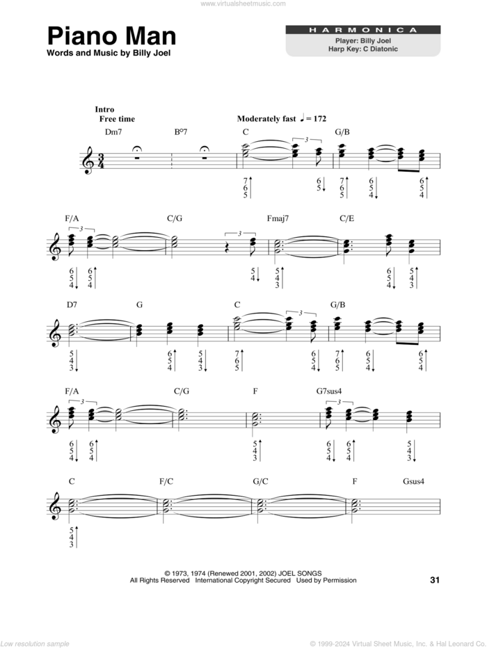 Piano Man sheet music for harmonica solo by Billy Joel, intermediate skill level