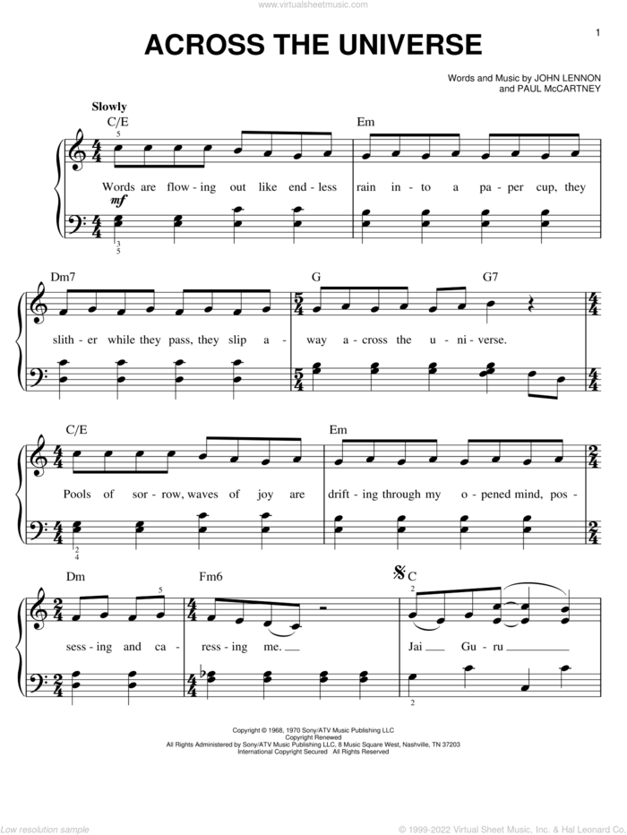 Across The Universe, (easy) sheet music for piano solo by The Beatles, Across The Universe (Movie), John Lennon and Paul McCartney, easy skill level