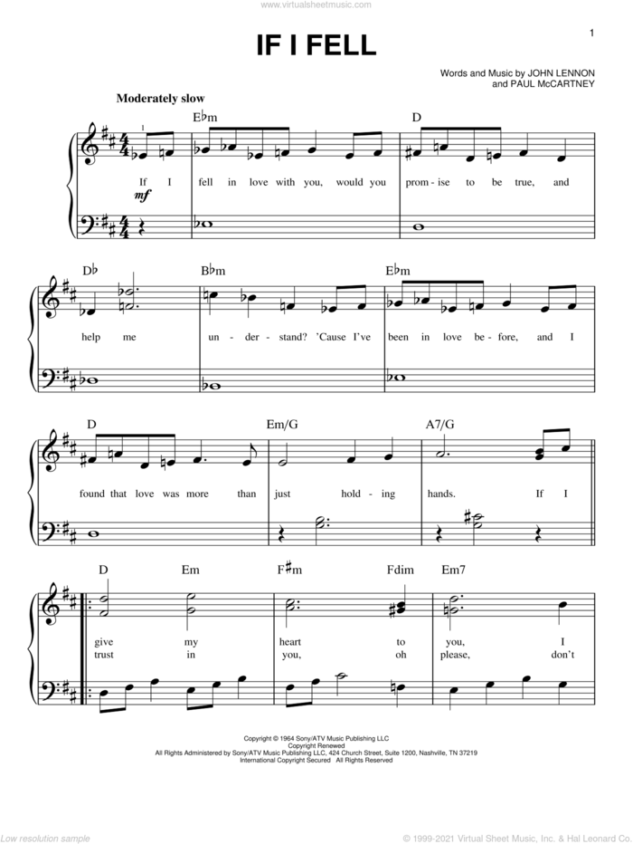 Beatles If I Fell Easy Sheet Music For Piano Solo Pdf