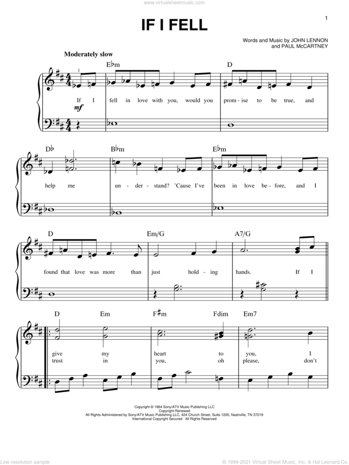 If I Fell, (easy) sheet music for piano solo by The Beatles, Across The Universe (Movie), John Lennon and Paul McCartney, easy skill level