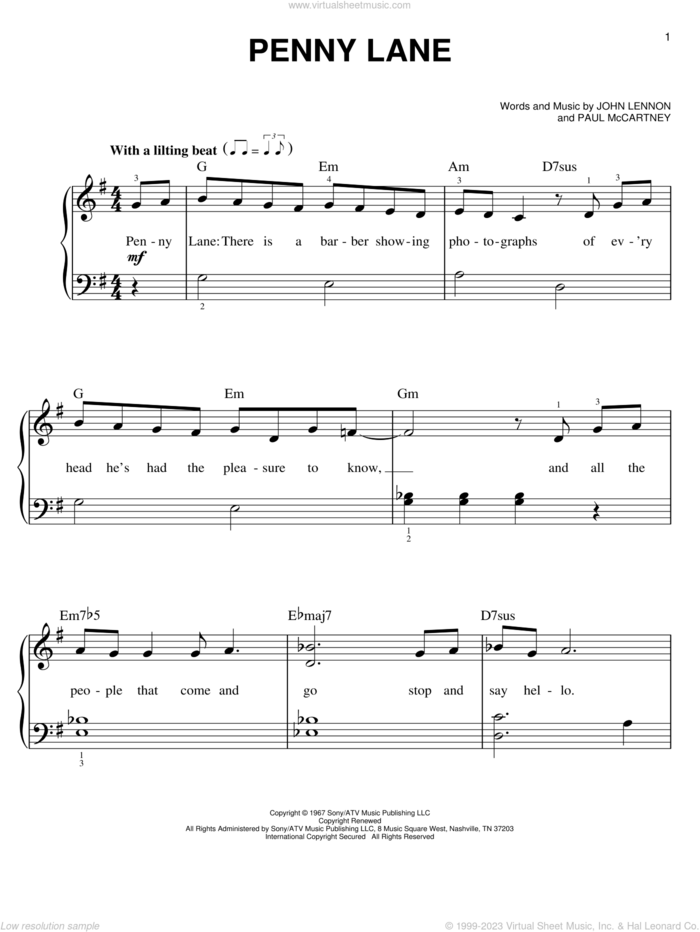 Penny Lane, (easy) sheet music for piano solo by The Beatles, John Lennon and Paul McCartney, easy skill level