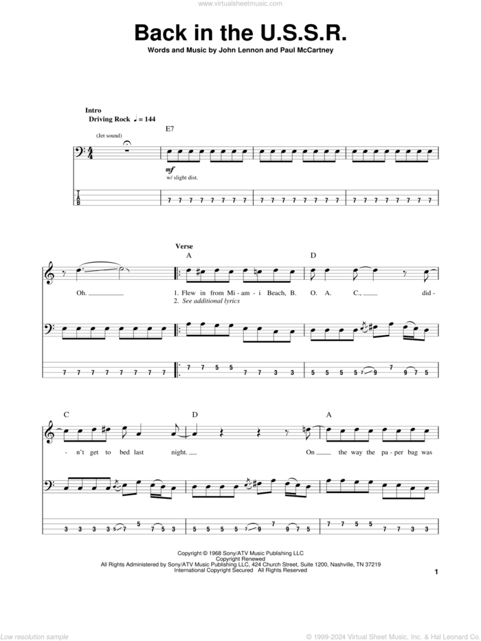 Back In The U.S.S.R. sheet music for bass (tablature) (bass guitar) by The Beatles, John Lennon and Paul McCartney, intermediate skill level