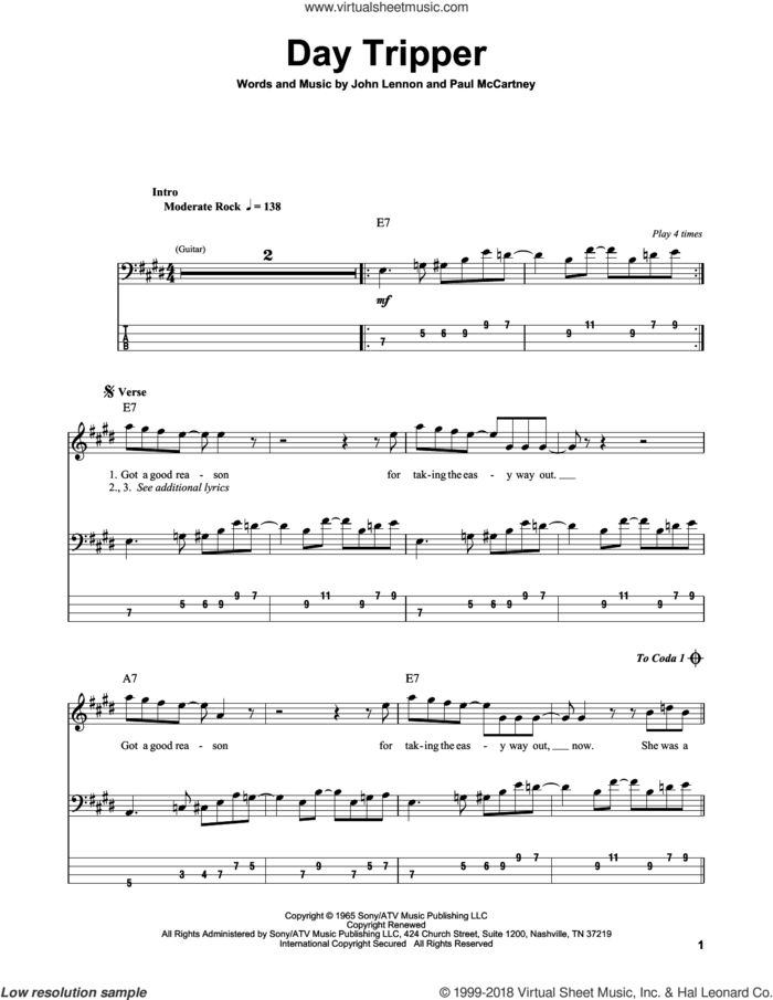 Day Tripper sheet music for bass (tablature) (bass guitar) by The Beatles, John Lennon and Paul McCartney, intermediate skill level