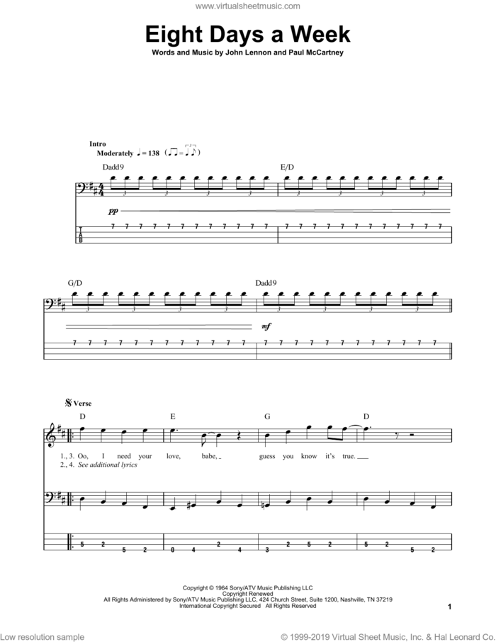 Eight Days A Week sheet music for bass (tablature) (bass guitar) by The Beatles, John Lennon and Paul McCartney, intermediate skill level