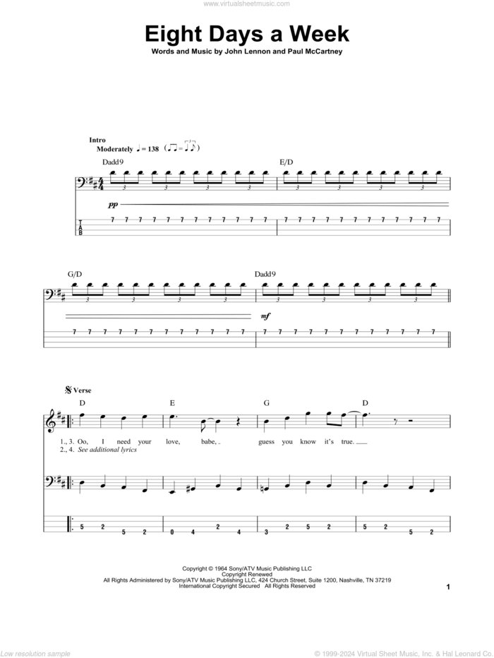 Eight Days A Week sheet music for bass (tablature) (bass guitar) by The Beatles, John Lennon and Paul McCartney, intermediate skill level