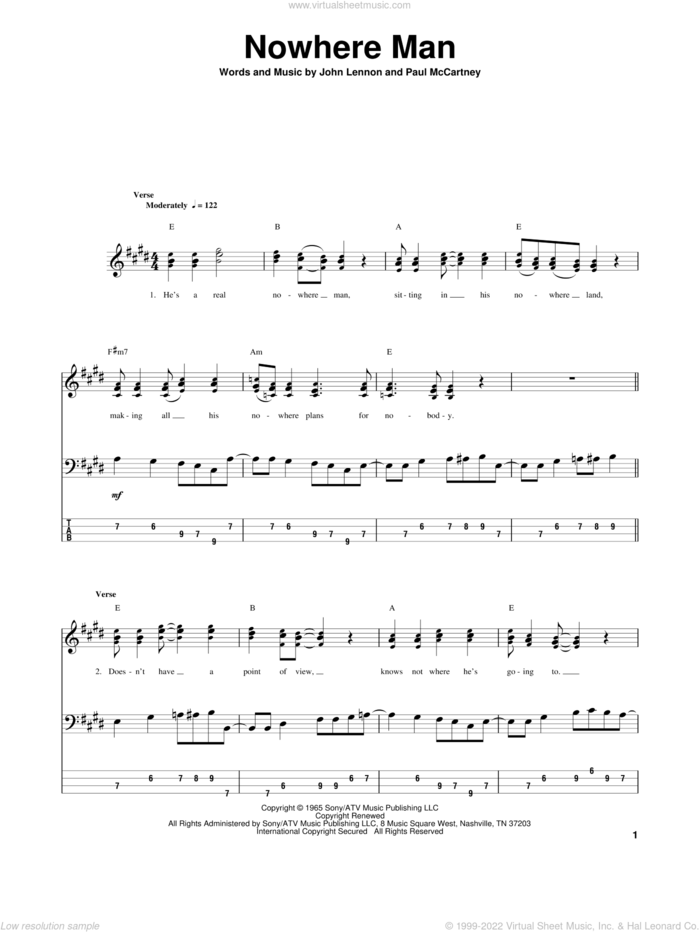 Nowhere Man sheet music for bass (tablature) (bass guitar) by The Beatles, John Lennon and Paul McCartney, intermediate skill level