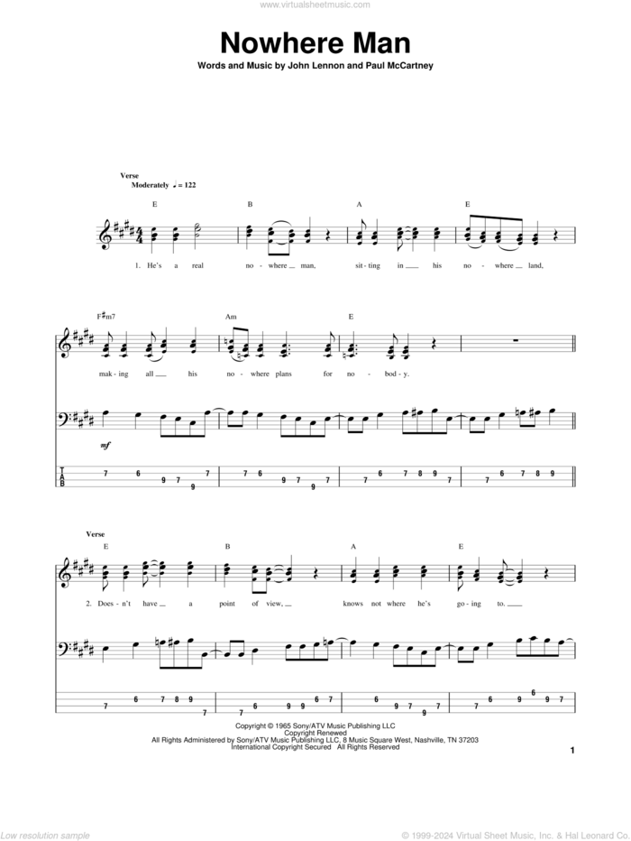 Nowhere Man sheet music for bass (tablature) (bass guitar) by The Beatles, John Lennon and Paul McCartney, intermediate skill level