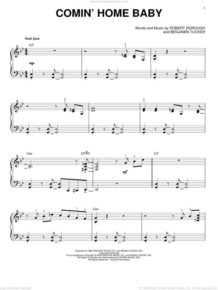 Comin' Home Baby (arr. Brent Edstrom) sheet music for piano solo by Herbie Mann, Eddie 'Lockjaw' Davis, Mel Torme, Benjamin Tucker and Bob Dorough, intermediate skill level