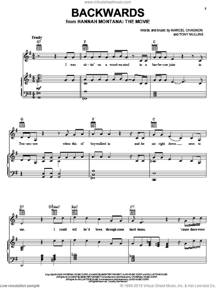 Backwards sheet music for voice, piano or guitar by Miley Cyrus, Hannah Montana, Hannah Montana (Movie), Rascal Flatts, Marcel Chagnon and Tony Mullins, intermediate skill level