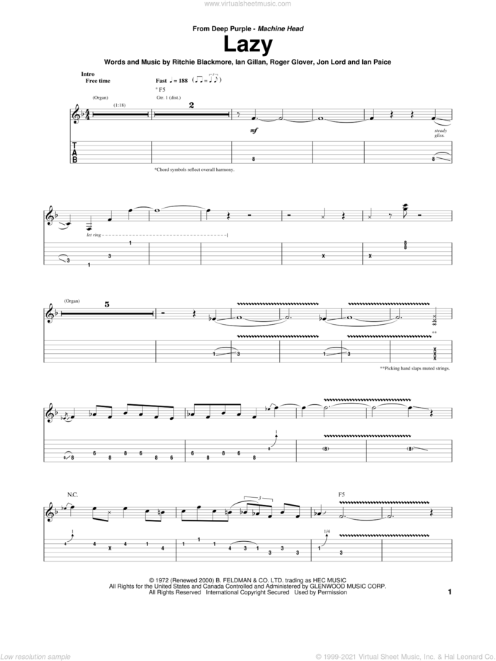 Lazy sheet music for guitar (tablature) by Deep Purple, Ian Gillan, Ian Paice, Jon Lord, Ritchie Blackmore and Roger Glover, intermediate skill level