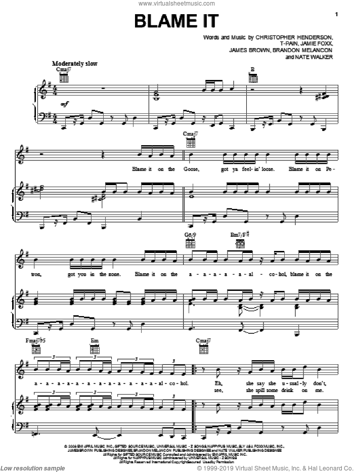 Blame It sheet music for voice, piano or guitar by Jamie Foxx featuring T-Pain, Brandon Melancon, Christopher Henderson, James Brown, Jamie Foxx, Nate Walker and T-Pain, intermediate skill level