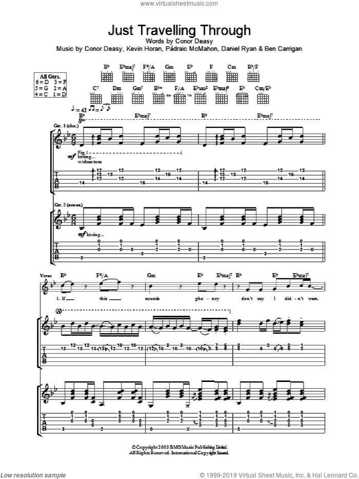 Just Travelling Through sheet music for guitar (tablature) by The Thrills, intermediate skill level