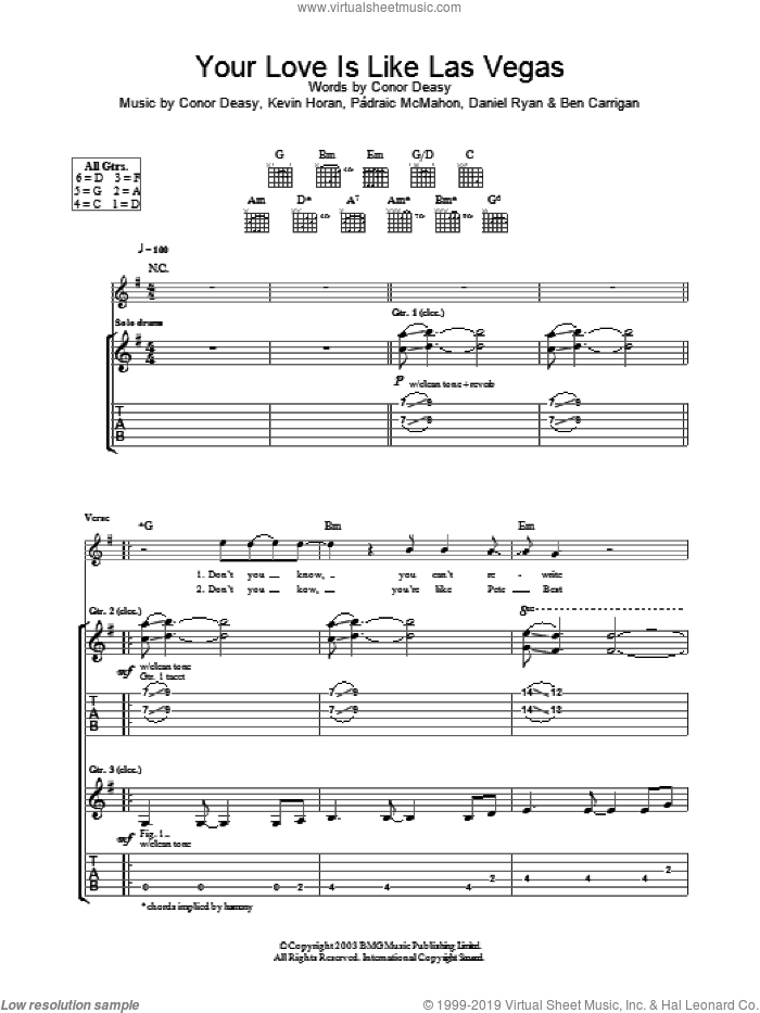Your Love Is Like Las Vegas sheet music for guitar (tablature) by The Thrills, intermediate skill level