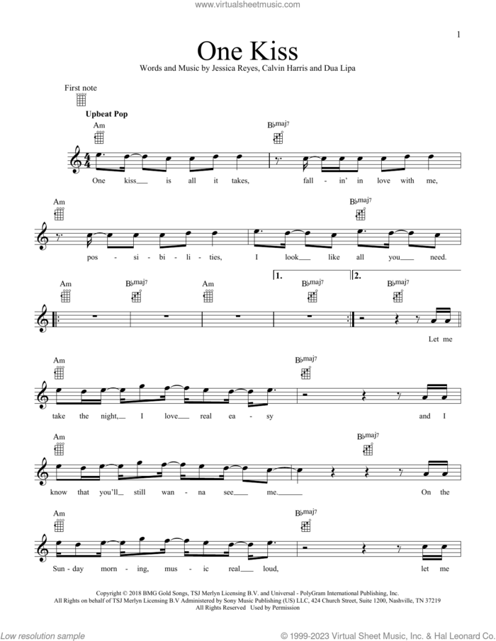 One Kiss sheet music for ukulele by Calvin Harris & Dua Lipa, Calvin Harris, Dua Lipa and Jessica Reyes, intermediate skill level