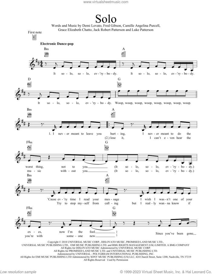 Solo (feat. Demi Lovato) sheet music for ukulele by Clean Bandit, Camille Angelina Purcell, Demi Lovato, Fred Gibson, Grace Elizabeth Chatto, Jack Robert Patterson and Luke Patterson, intermediate skill level
