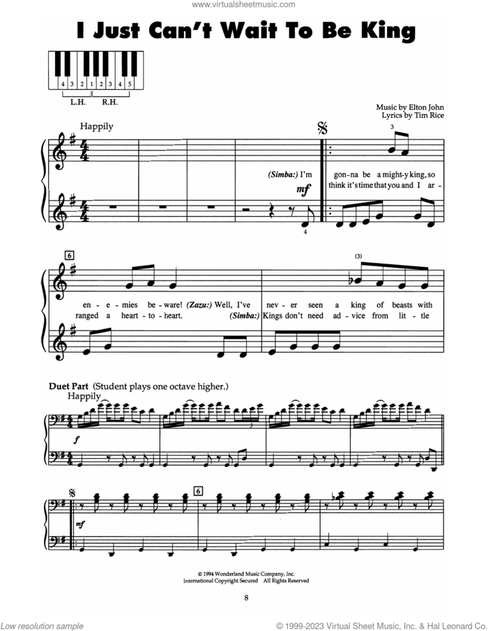I Just Can't Wait To Be King (from The Lion King) sheet music for piano solo (5-fingers) by Elton John and Tim Rice, beginner piano (5-fingers)