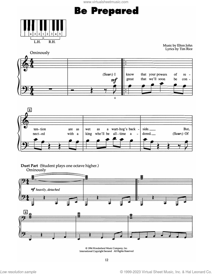 Be Prepared (from The Lion King) sheet music for piano solo (5-fingers) by Elton John and Tim Rice, beginner piano (5-fingers)