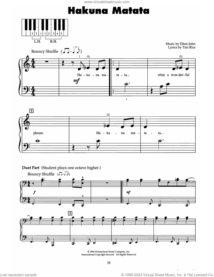 Hakuna Matata (from The Lion King) sheet music for piano solo (5-fingers) by Elton John and Tim Rice, beginner piano (5-fingers)