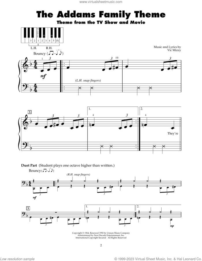 Addams Family Theme sheet music for piano solo (5-fingers) by Vic Mizzy, beginner piano (5-fingers)