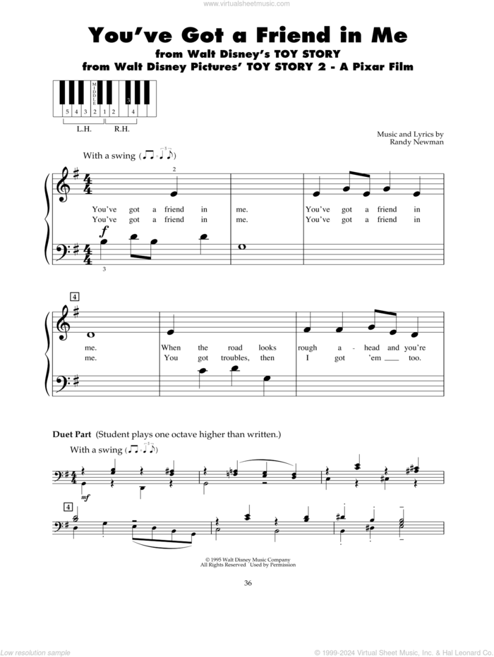 You've Got A Friend In Me (from Toy Story) sheet music for piano solo (5-fingers) by Randy Newman, beginner piano (5-fingers)